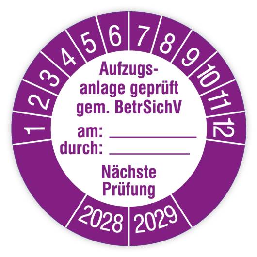 Prüfplakette, Aufzugsanlage geprüft gem. BetrSichV, 2028, Dokumentenfolie, Ø 40 mm, Heft-0
