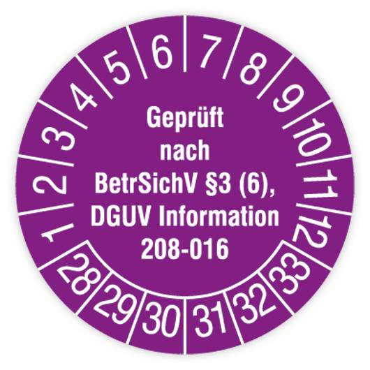 Prüfplakette, Geprüft nach BetrSichv §3 (6), DGUV Information 208-016, 2028, Standardf., Ø30mm, Heft-0