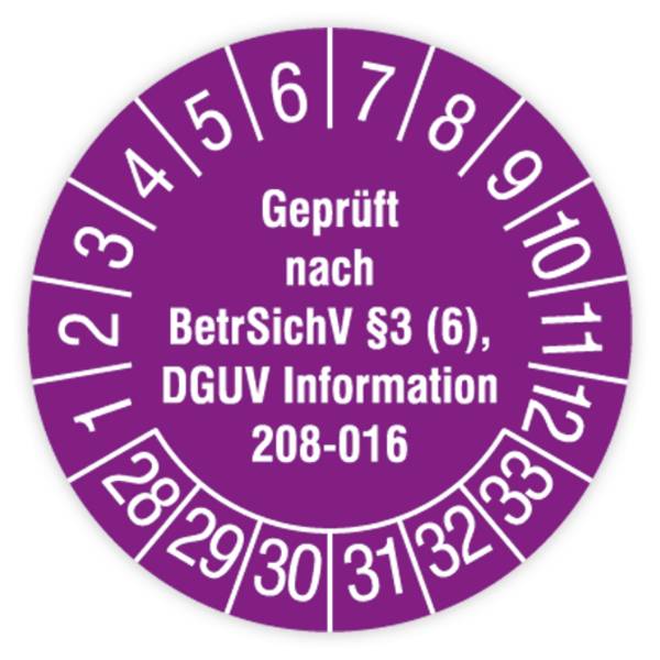Prüfplakette, Geprüft nach BetrSichv §3 (6), DGUV Information 208-016, 2028, Standardf., Ø30mm, Heft