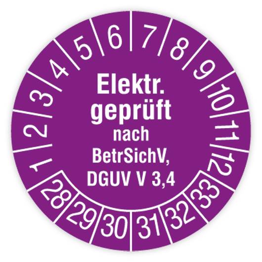 Prüfplakette, Elektr. geprüft nach BetrSichV, DGUV V 3,4, 2028, Standardfolie, Ø 15 mm, Heft-0