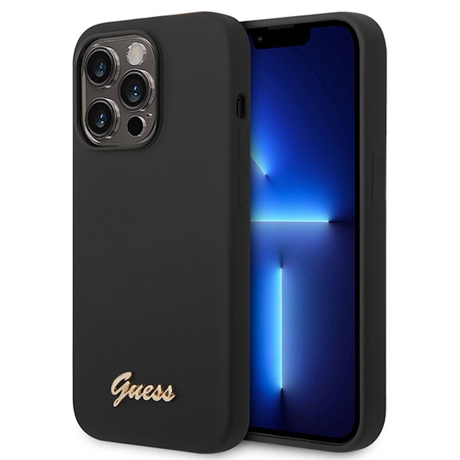 Guess Apple iPhone 14 Pro Hard Case Silicone Vintage Gold Logo Schwarz-0