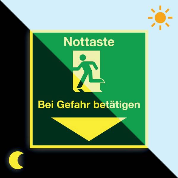 PERMALIGHT® power langnachleuchtend Rettungszeichen Nottaste beiGefahr betätigen, DGUV, Folie, 70x70mm