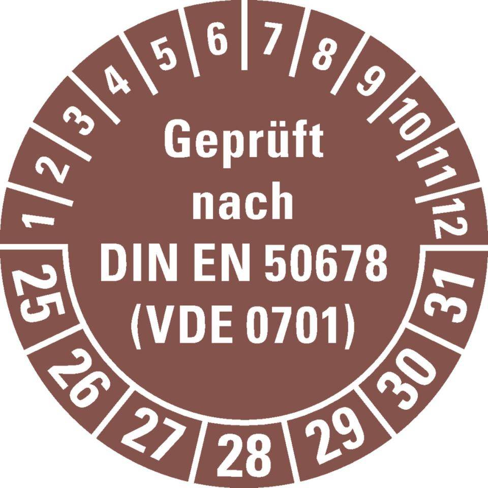 Prüfplakette geprüft nach DIN EN 50678(VDE 0701) 25-31, braun, Dokumentenfolie, Ø 30mm, 500/Roll-0