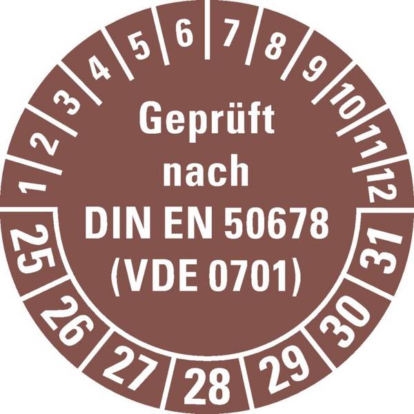 Prüfplakette geprüft nach DIN EN 50678(VDE 0701) 25-31, braun, Dokumentenfolie, Ø 30mm, 500/Roll