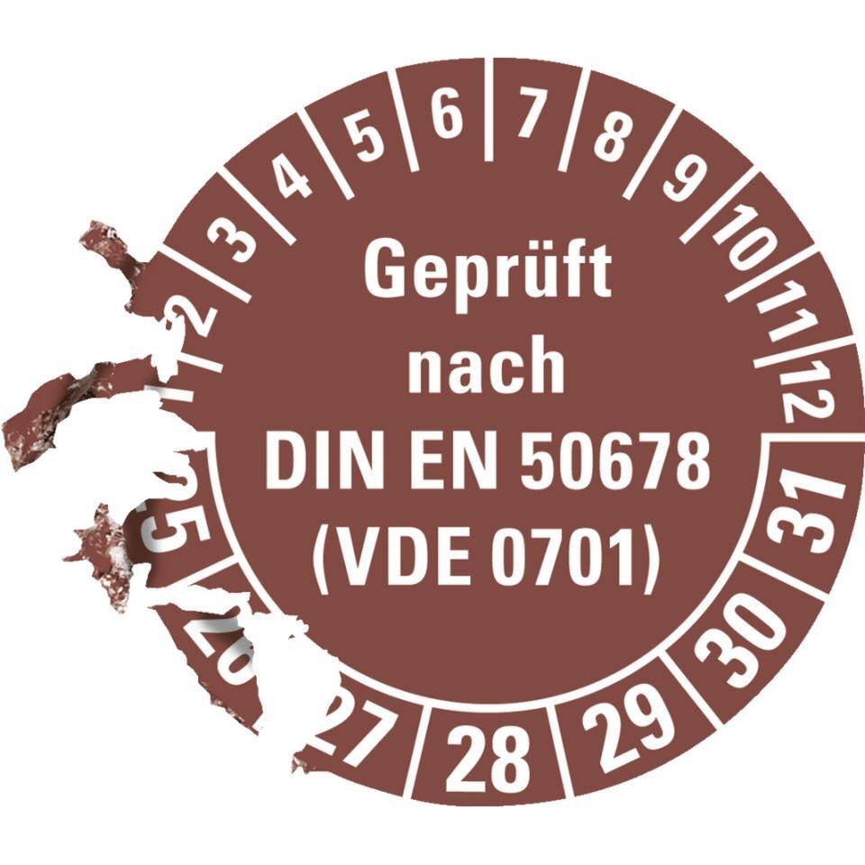 Prüfplakette geprüft nach DIN EN 50678(VDE 0701) 25-31, braun, Dokumentenfolie, Ø 30mm, 500/Roll-1