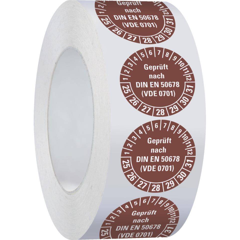 Prüfplakette geprüft nach DIN EN 50678(VDE 0701) 25-31, braun, Dokumentenfolie, Ø 30mm, 500/Roll-3