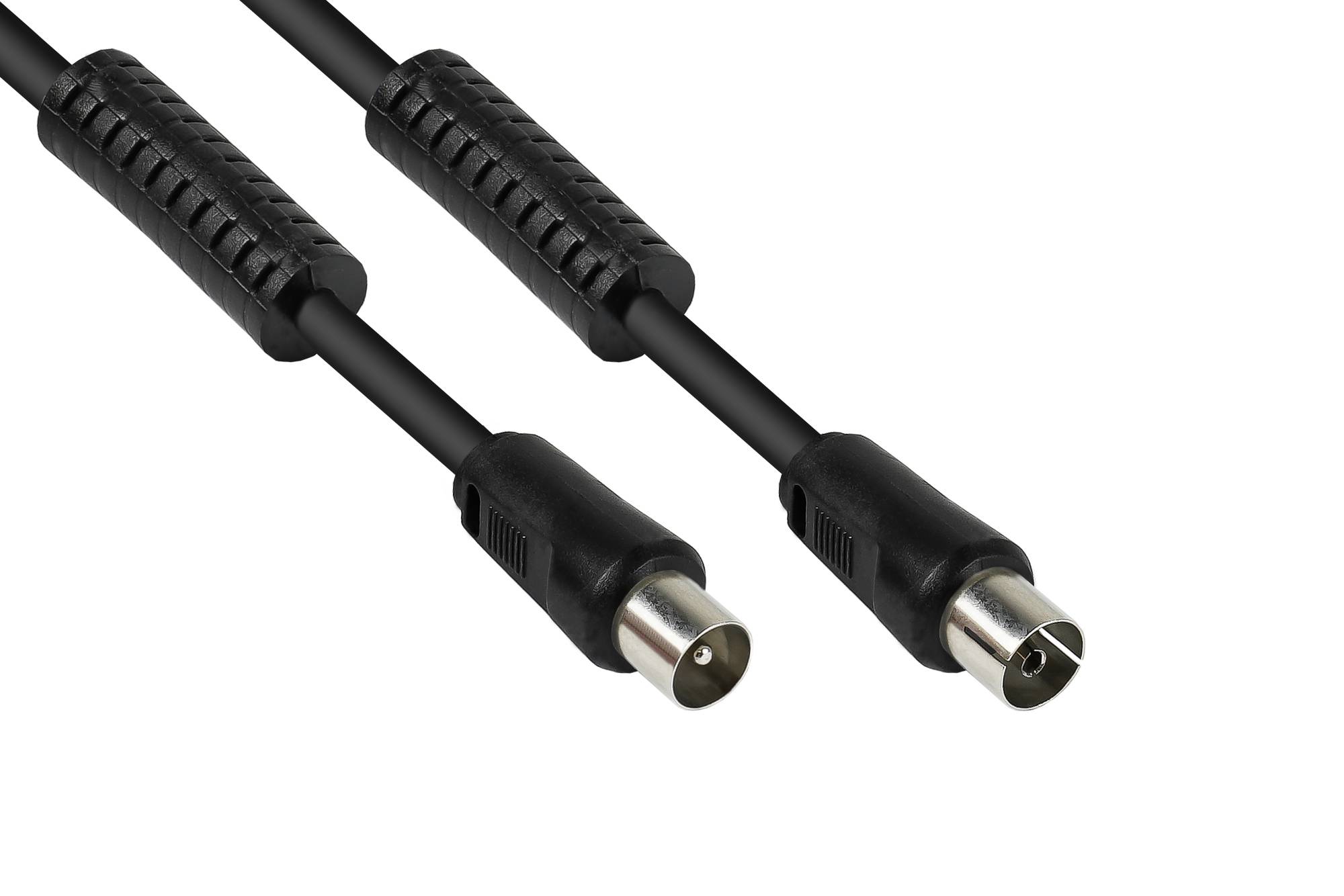 TV Antennenkabel, Koax Stecker an Koax Buchse, 2x Ferritkern, 95dB, 75 Ohm, schwarz, 2m-0