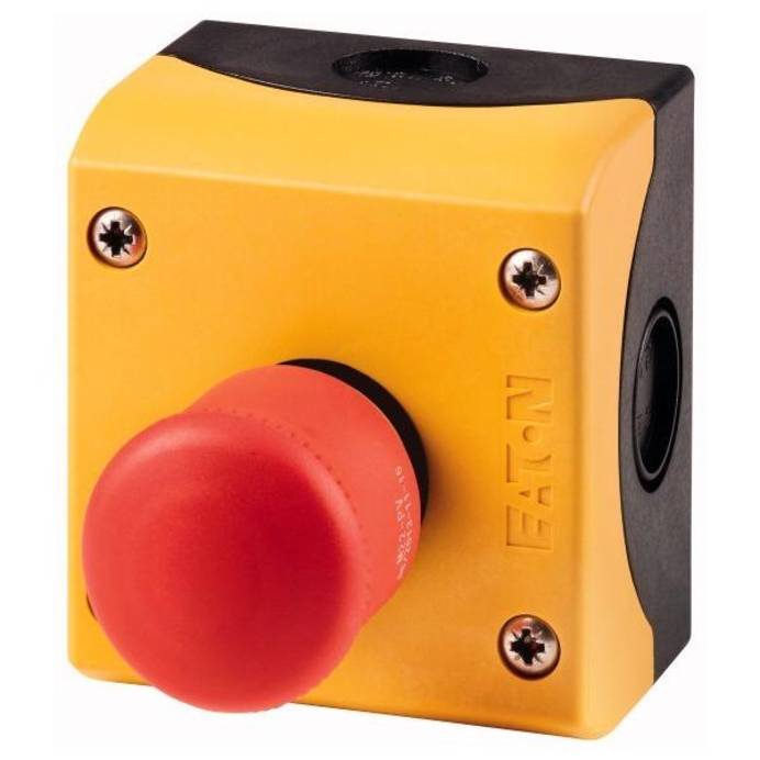 Klassischer Notaus-Schalter in den Farben Rot und Gelb
