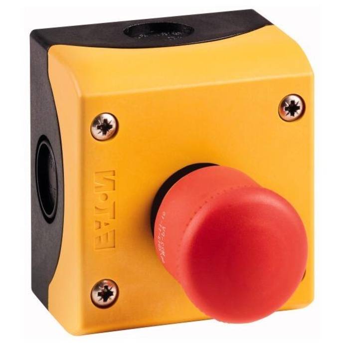 Klassischer Notaus-Schalter in den Farben Rot und Gelb