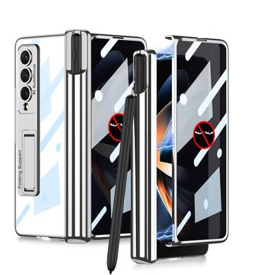 Für Samsung Galaxy Z Fold4 5G Magnetische Aluminium / Glas PRIVACY Handy Tasche Hülle Etuis Silber + Stift Halterung
