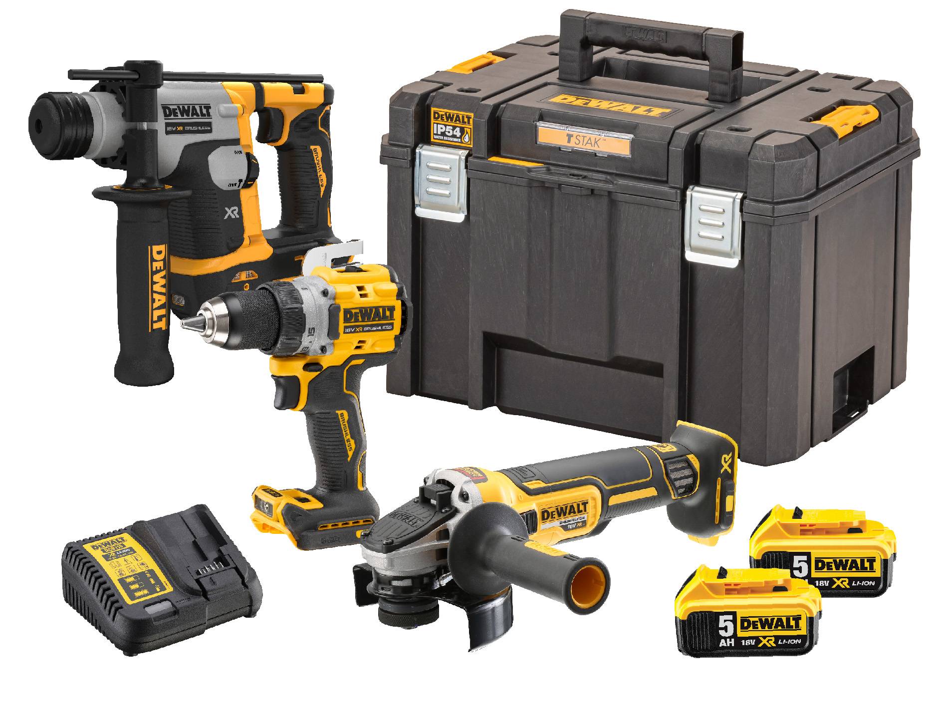 DeWALT DCK355P2T-QW Akku-Kombopack 18V, Bohrschrauber, Bohrhammer, Winkelschleifer, inkl. 2x 5Ah Li-Ionen Akku, Ladegerä-0