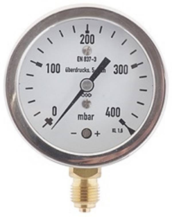 Manometer senkrecht mit Kapselfeder, bis 5-fach überlastbar, mbar Ø63,0 mm, G 1/4 Zoll -400/0 mbar Anzeige 20