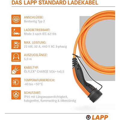61789 LAPP Mobility Typ 2 Ladekabel für Hybrid & Elektroauto Mode 3 Kabel  mit Typ 2 Stecker 22kW 32A 3-phasig Orange 5m kaufen