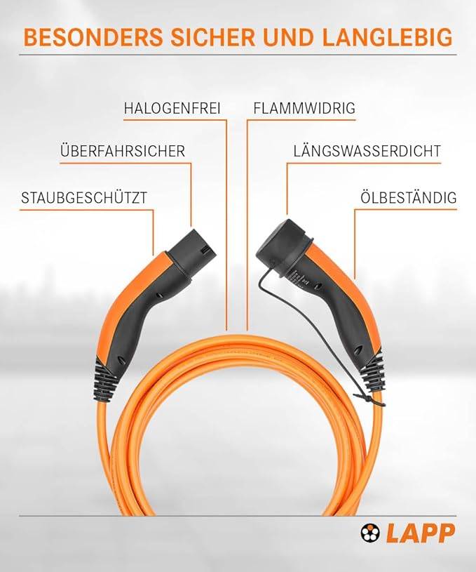 LAPP Mobility E-Auto Ladekabel Typ 2, 10 m, 22 kW, 32 A, 3-phasig Mode 3, IP55, orange-1