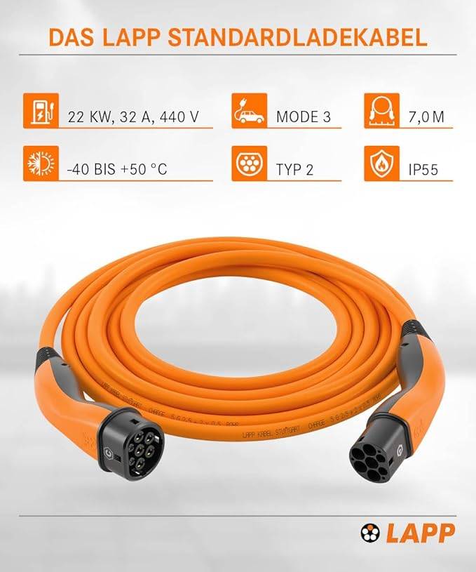 LAPP Mobility E-Auto Ladekabel Typ 2, 7 m, 22 kW, 32 A, 3-phasig Mode 3, IP55, orange-2