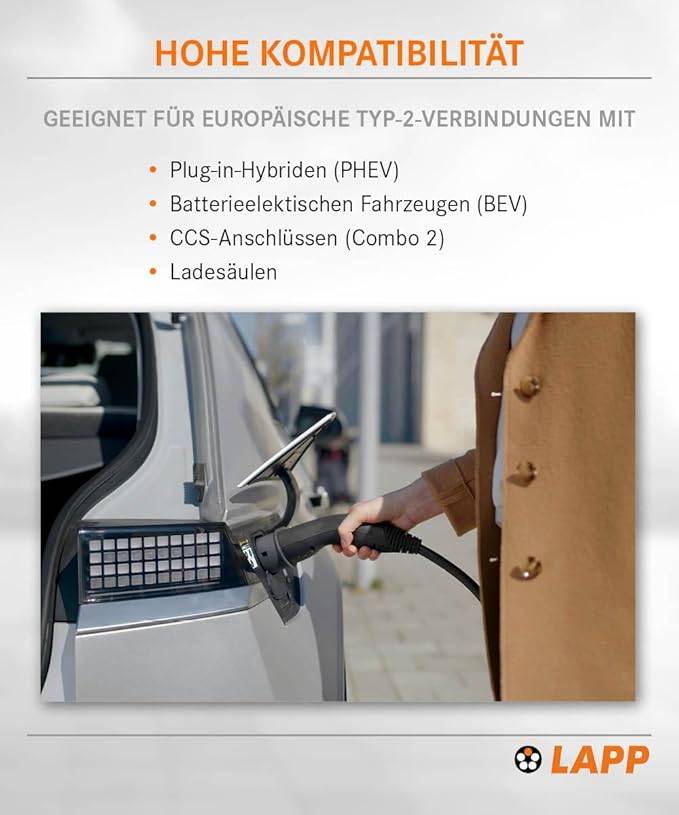 LAPP Mobility E-Auto Ladekabel Typ 2, 5 m, 7,4 kW, 32 A, 1-phasig Mode 3, IP55, schwarz-6