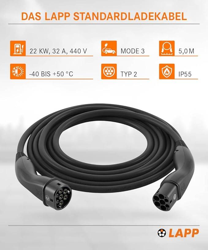 LAPP Mobility E-Auto Ladekabel Typ 2, 5 m, 22 kW, 32 A, 3-phasig Mode 3, IP55, schwarz-1