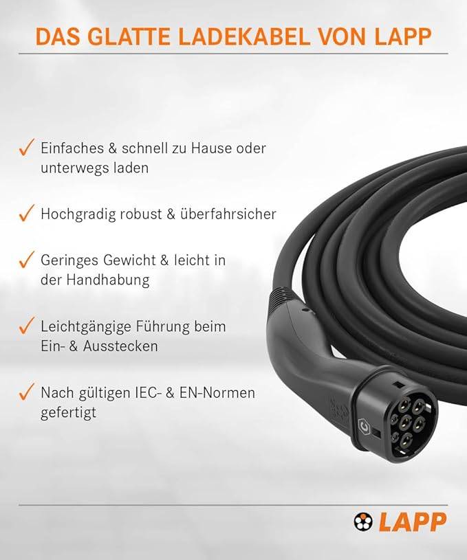 LAPP Mobility E-Auto Ladekabel Typ 2, 5 m , 11 kW, 20 A, 3-phasig Mode 3, IP55, schwarz-1