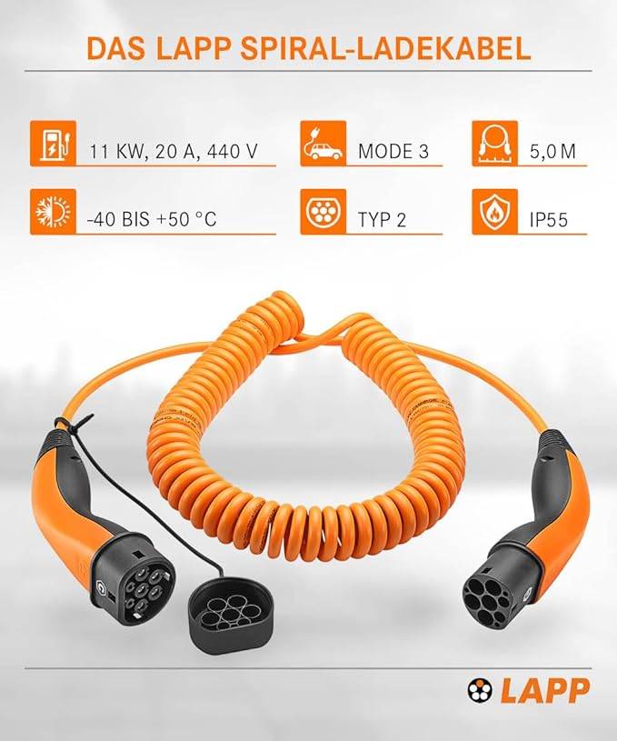 LAPP Mobility Typ 2 Spiral Ladekabel, 5 m, 11 kW, 20 A 3-phasig Mode 3 IP55, orange-2