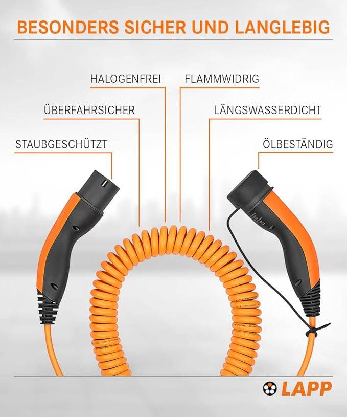 LAPP Mobility Typ 2 Spiral Ladekabel, 5 m, 11 kW, 20 A 3-phasig Mode 3 IP55, orange-3