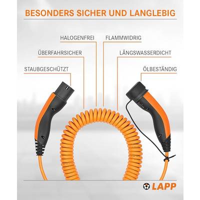 LAPP Mobility Typ 2 Spiral Ladekabel, 5 m, 11 kW, 20 A 3-phasig Mode 3 IP55, orange-3