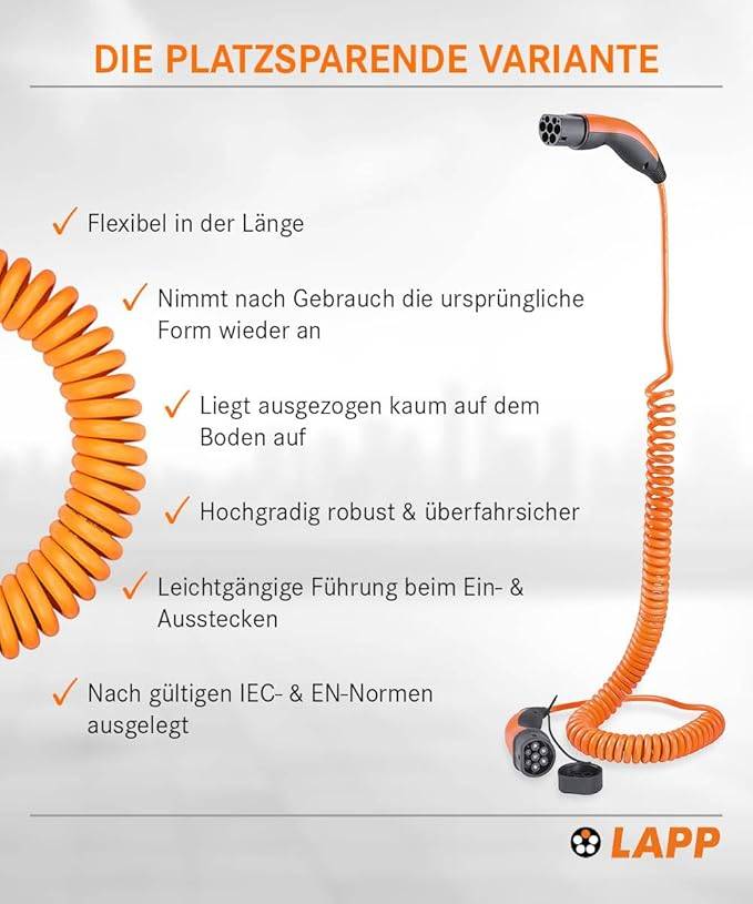 LAPP Mobility Typ 2 Spiral Ladekabel, 5 m, 11 kW, 20 A 3-phasig Mode 3 IP55, orange-4