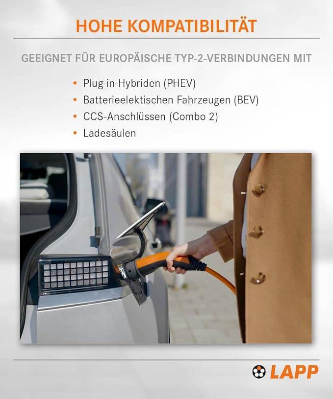 LAPP Mobility E-Auto Ladekabel Typ 2, 5 m, 22 kW, 32 A, 3-phasig Mode 3, IP55, orange-6