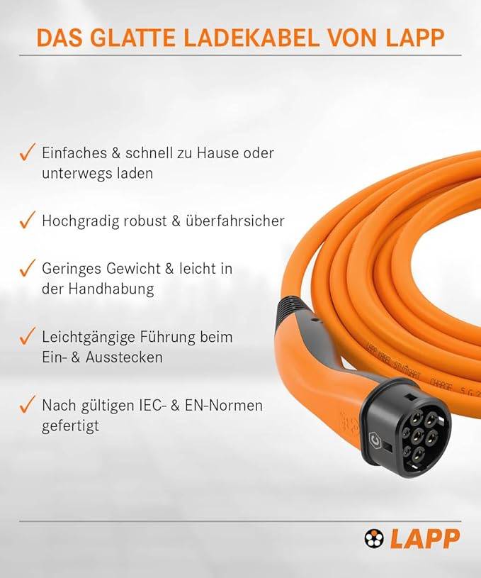 LAPP Mobility E-Auto Ladekabel Typ 2, 10 m, 22 kW, 32 A, 3-phasig Mode 3, IP55, orange-2