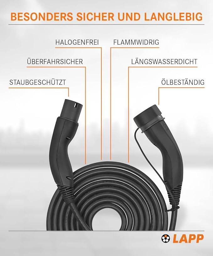LAPP Mobility HELIX Typ 2 Ladekabel, 5 m, 7,4 kW, 32 A 1-phasig Mode 3, IP55, schwarz-1