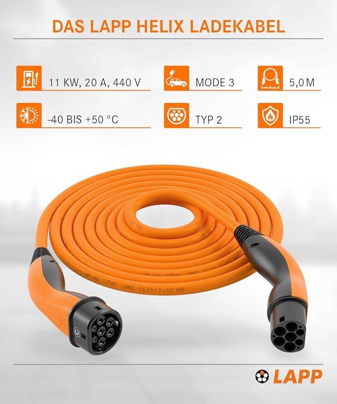 LAPP Mobility HELIX Typ 2 Ladekabel, 5 m, 11 kW, 20 A 3-phasig Mode 3, IP55, orange-1