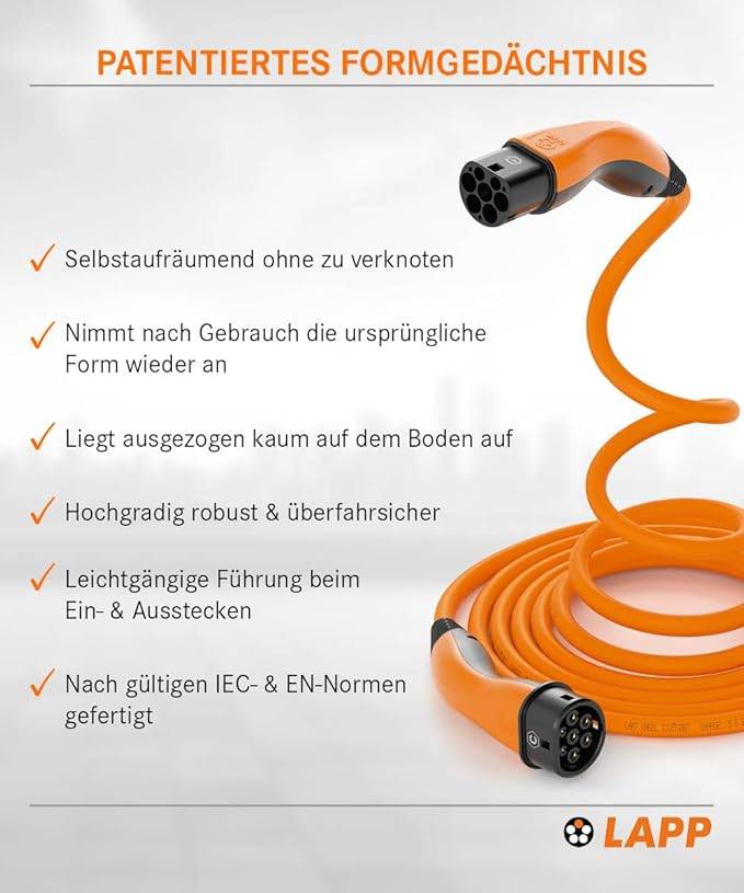 LAPP Mobility HELIX Typ 2 Ladekabel, 5 m, 22 kW, 32 A 3-phasig Mode 3 IP55, orange-2