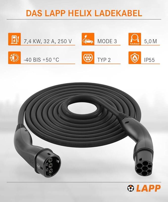 LAPP Mobility HELIX Typ 2 Ladekabel, 5 m, 7,4 kW, 32 A 1-phasig Mode 3, IP55, schwarz-2