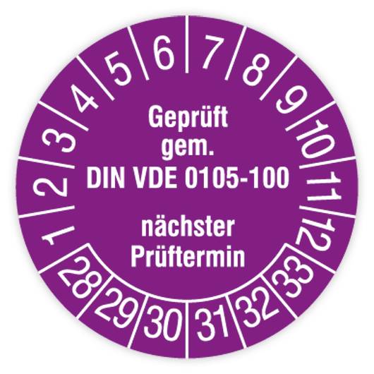 Prüfplakette, Geprüft gem. DIN VDE 0105-100, nächster Prüftermin, 2028, Dok.folie, Ø 30mm, Heft-0