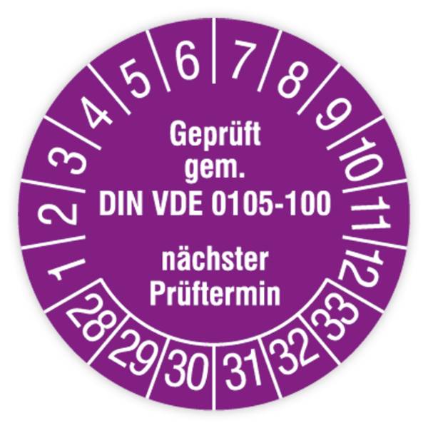 Prüfplakette, Geprüft gem. DIN VDE 0105-100, nächster Prüftermin, 2028, Standardf., Ø30mm, Heft