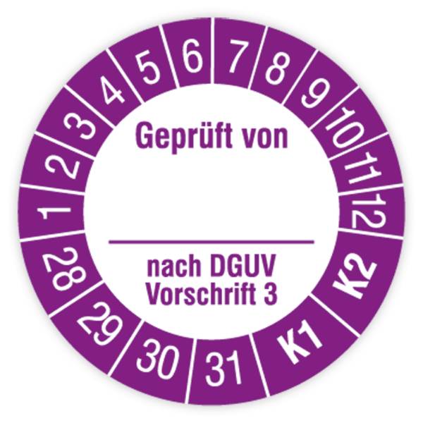 Prüfplakette, Geprüft von… nach DGUV Vorschrift 3, K1/K2, 2028 - 2031, Dokumentenfolie, Ø 30 mm, Heft