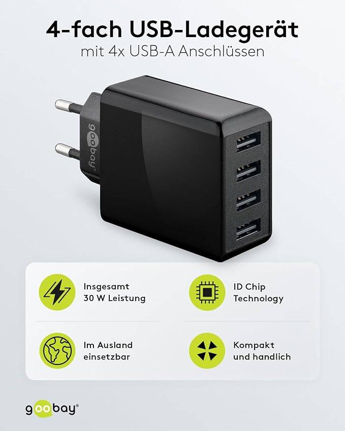 Goobay 44953 USB-A Netzteil 30W / 4fach Universal Ladegerät Apple Samsung / USB A Adapter / 4 Port Ladestecker / Schwarz-1