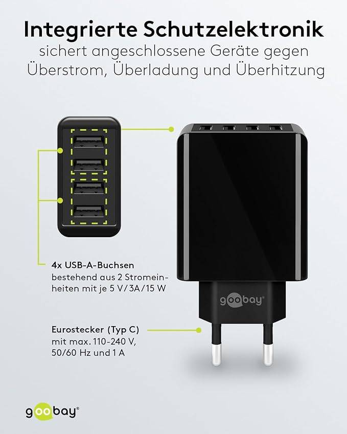 Goobay 44953 USB-A Netzteil 30W / 4fach Universal Ladegerät Apple Samsung / USB A Adapter / 4 Port Ladestecker / Schwarz-3