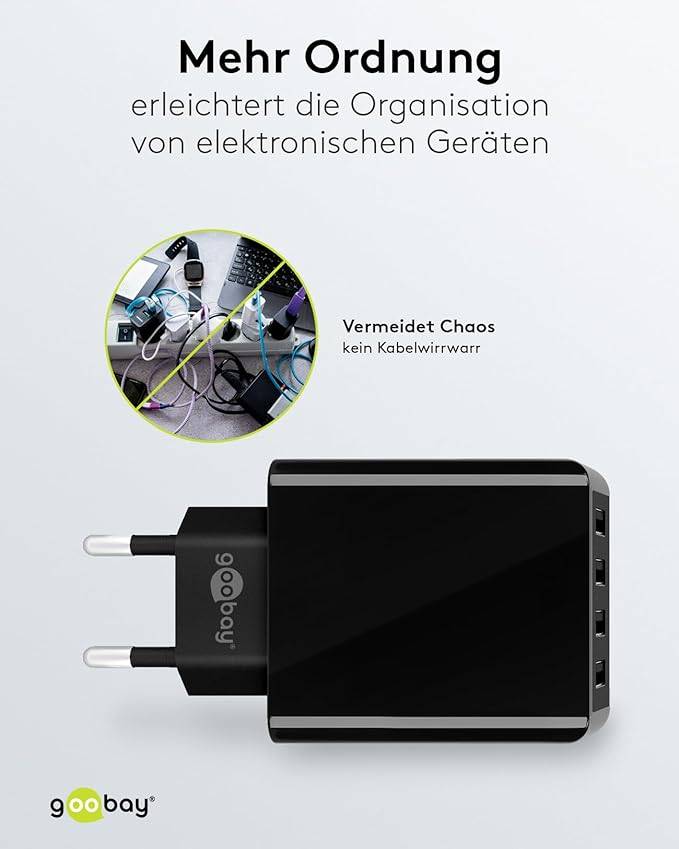 Goobay 44953 USB-A Netzteil 30W / 4fach Universal Ladegerät Apple Samsung / USB A Adapter / 4 Port Ladestecker / Schwarz-4