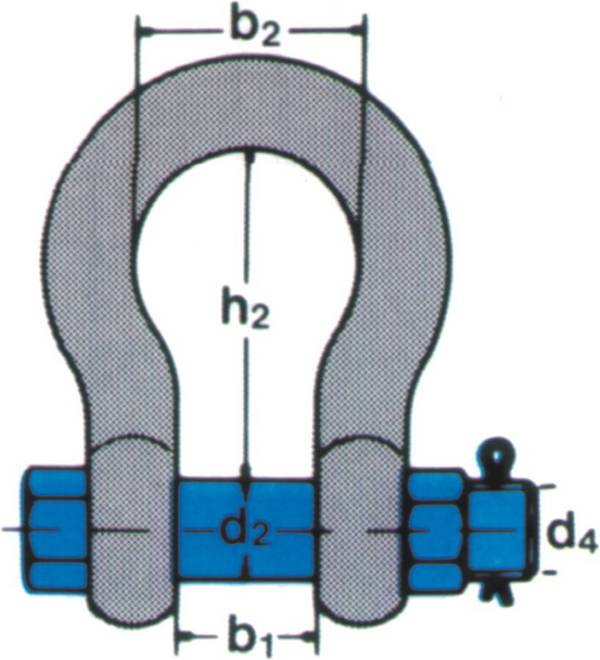 Hochfeste Schäkel 941046008 Typ HC 2 Nenngröße 1 Zoll Tragfähigkeit 8500 kg d1 25 mm Bolzen-Ø 29 mm d3 60 mm b1 43 mm b2