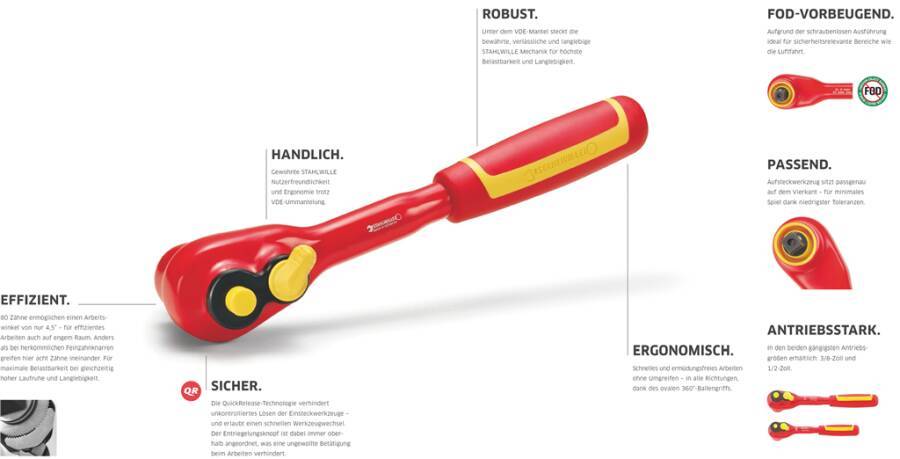 VDE-Umschaltknarre Zyklop 3/8 feinverzahnt 05004966001 Antrieb 3/8" Länge 222 mm Ausführung 80 Zähne Gewicht 352 g-1
