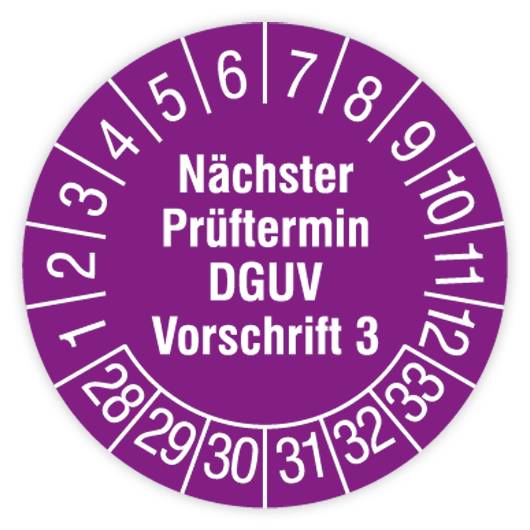 Prüfplakette, Nächster Prüftermin- DGUV Vorschrift 3, 2028 - 2033, Standardfolie, Ø 30 mm, Heft-0