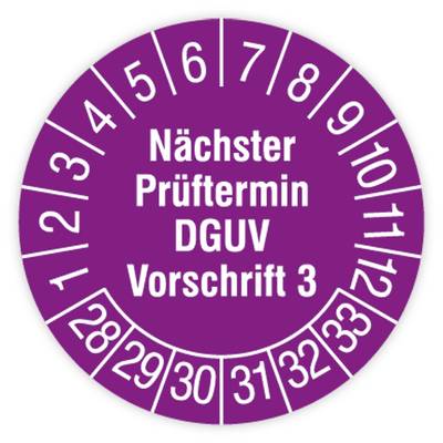 Prüfplakette, Nächster Prüftermin- DGUV Vorschrift 3, 2028 - 2033, Standardfolie, Ø 30 mm, Heft-0