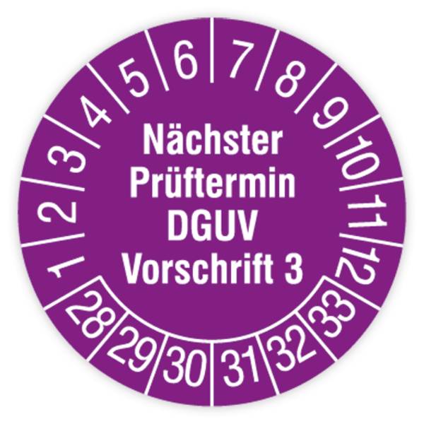 Prüfplakette, Nächster Prüftermin- DGUV Vorschrift 3, 2028 - 2033, Standardfolie, Ø 30 mm, Heft