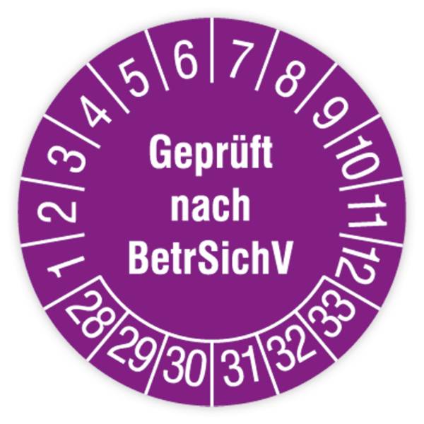 Prüfplakette, Geprüft nach BetrSichV, 2028 - 2033, Dokumentenfolie, Ø 30 mm, Heft