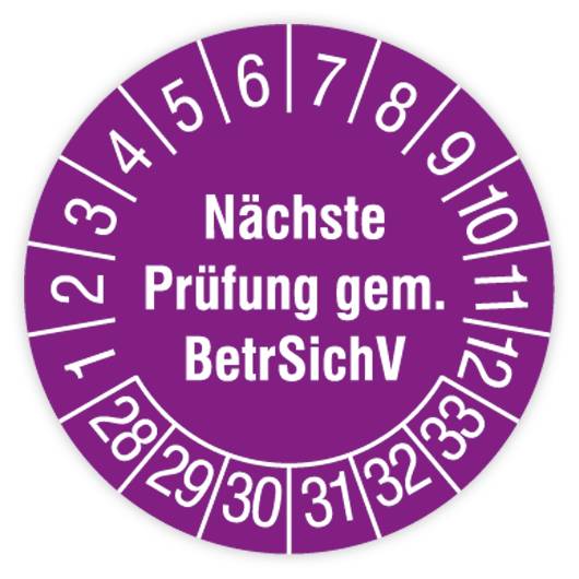 Prüfplakette, Nächste Prüfung gem. BetrSichV, 2028 - 2033, Dokumentenfolie, Ø 30 mm, Heft-0