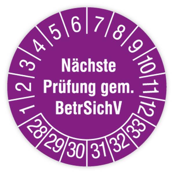 Prüfplakette, Nächste Prüfung gem. BetrSichV, 2028 - 2033, Dokumentenfolie, Ø 30 mm, Heft