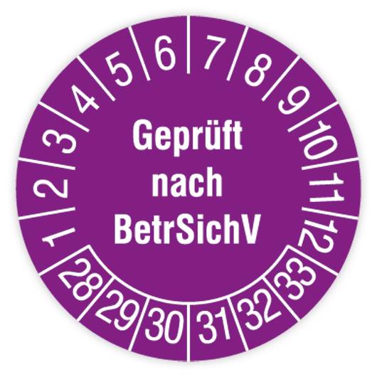 Prüfplakette, Geprüft nach BetrSichV, 2028 - 2033, Dokumentenfolie, Ø 15 mm, Heft-0