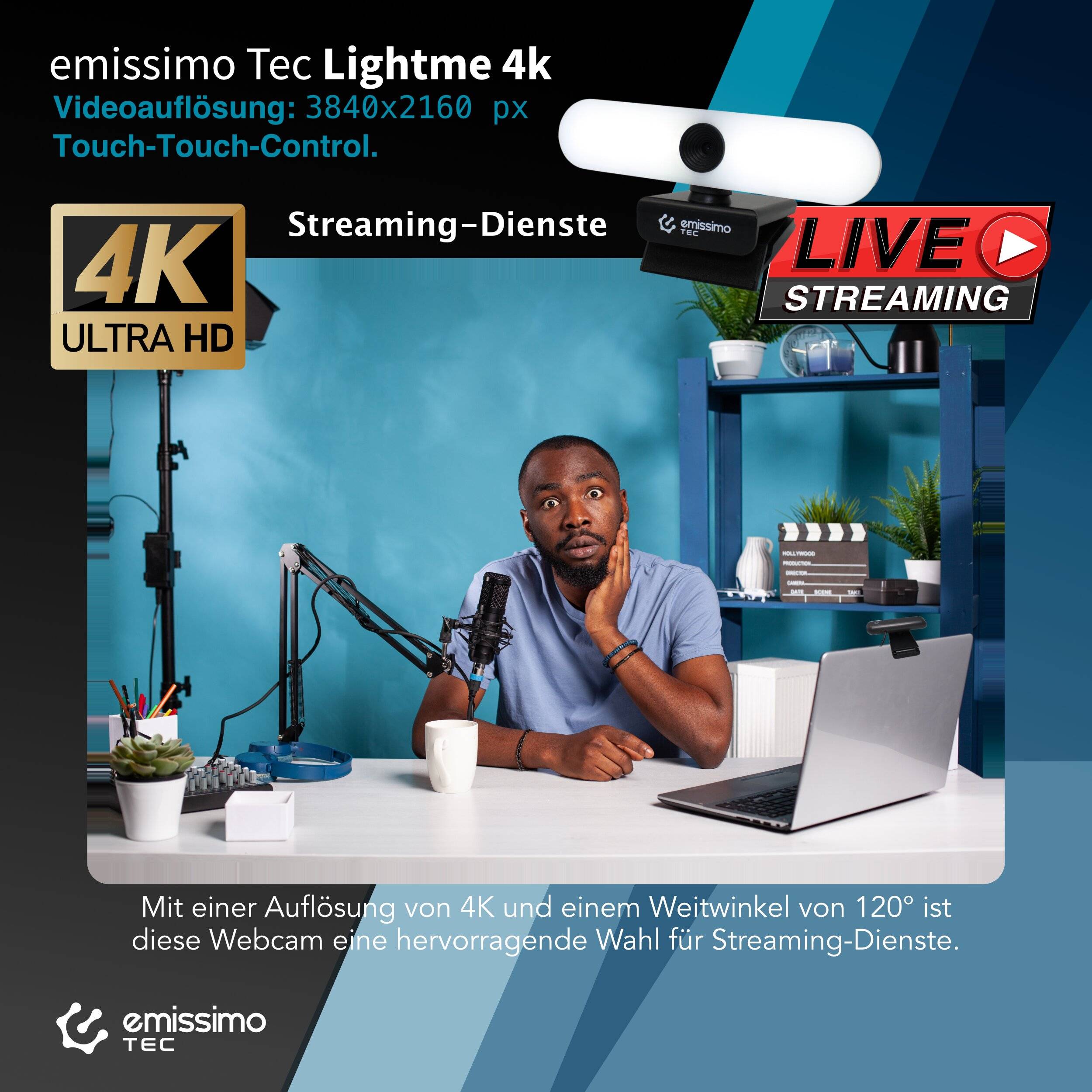 emissimo Tec LightMe 4K Webcam Licht und Mikrofon eingebaut, 3in1 Advanced Autofokus 3840x2160px-5