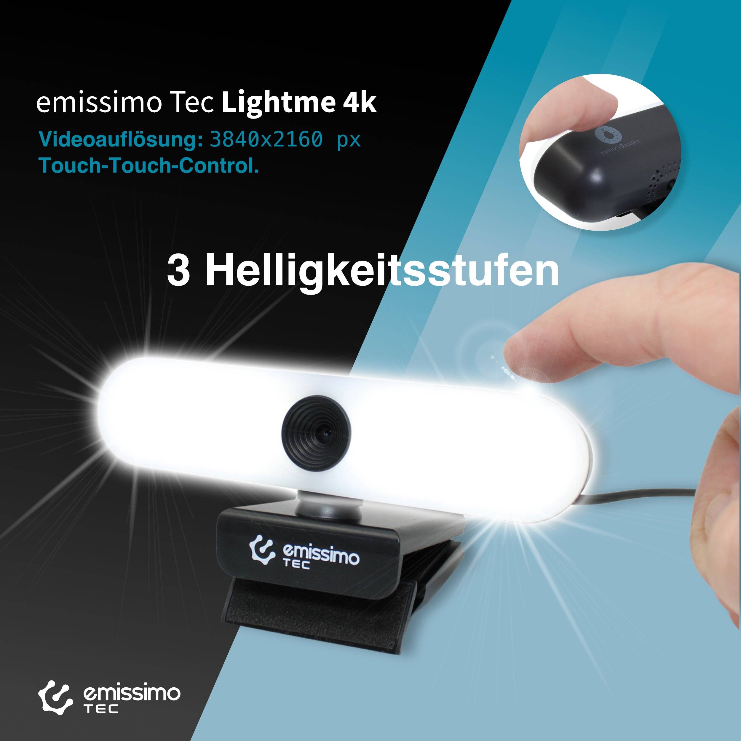 emissimo Tec LightMe 4K Webcam Licht und Mikrofon eingebaut, 3in1 Advanced Autofokus 3840x2160px-1