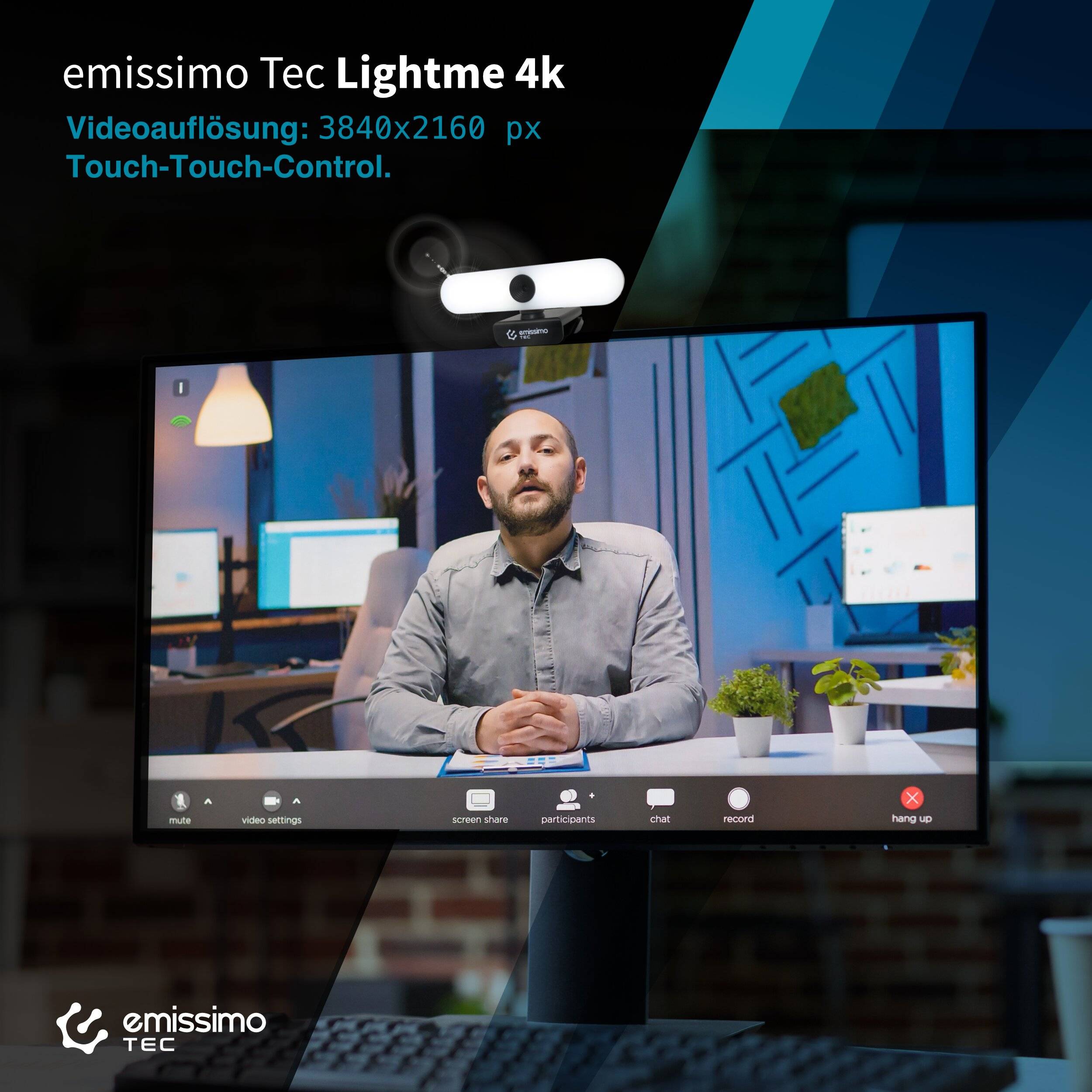 emissimo Tec LightMe 4K Webcam Licht und Mikrofon eingebaut, 3in1 Advanced Autofokus 3840x2160px-3